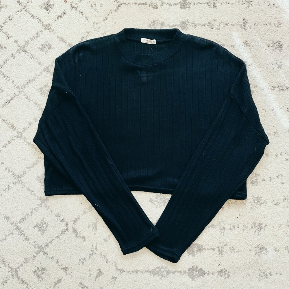 Black Ribbed Long Sleeve Crop Top